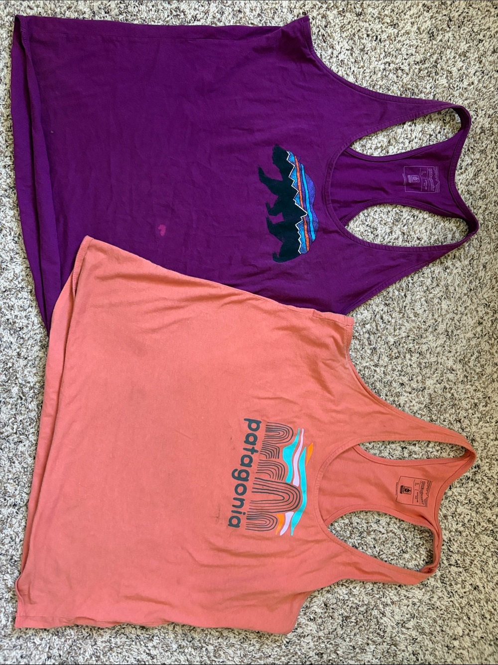 Patagonia Coral Orange and Plum Purple Graphic Racerback Tank Tops
